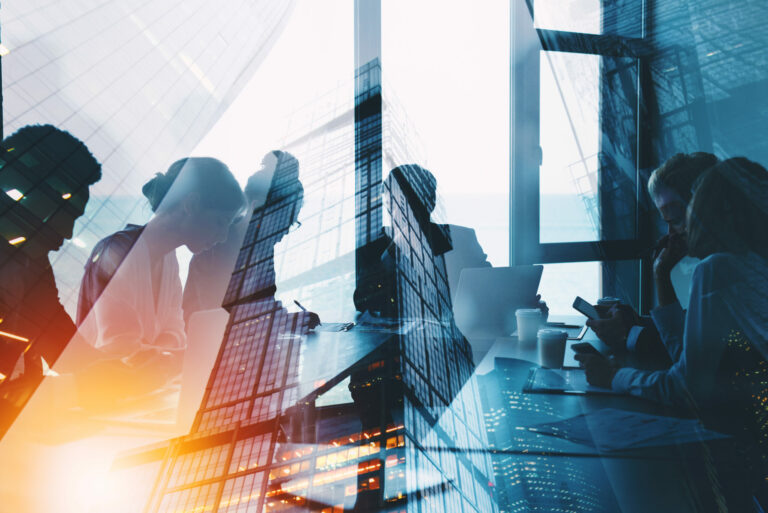 collaborate together in office. Double exposure effects